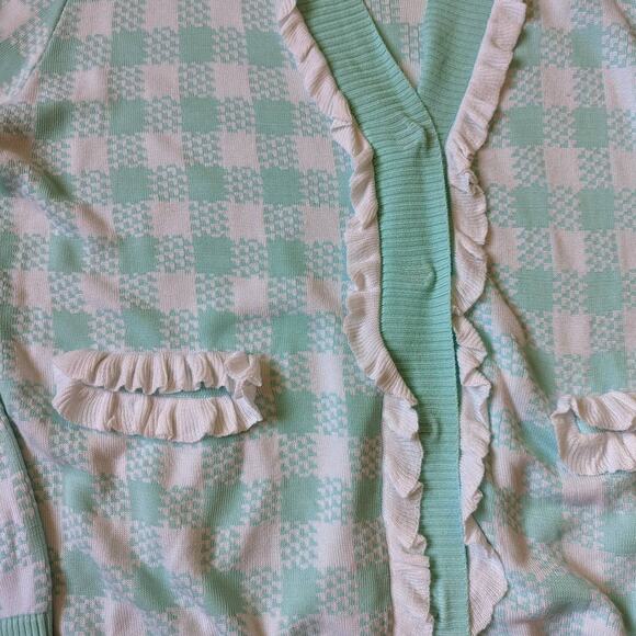 NEW Sibling London Sky Blue Ruffle Trim Checked Knitted Cardigan Sweater Large - Picture 9 of 10